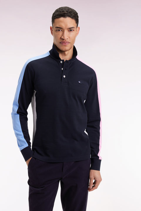 Long-sleeved navy polo shirt with tri-color cut-out sleeves - Image 3