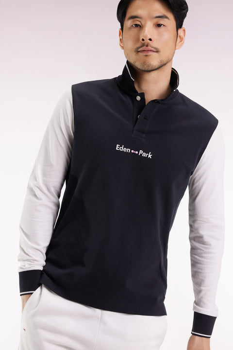 Polo à manches longues en piqué coton bicolore blanc logo Eden Park - Image 3