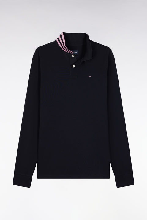 Long-sleeved polo shirt in navy cotton piqué with striped collar. - Image 2