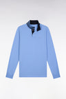 Long-sleeved polo shirt in sky cotton piqué with striped collar.
