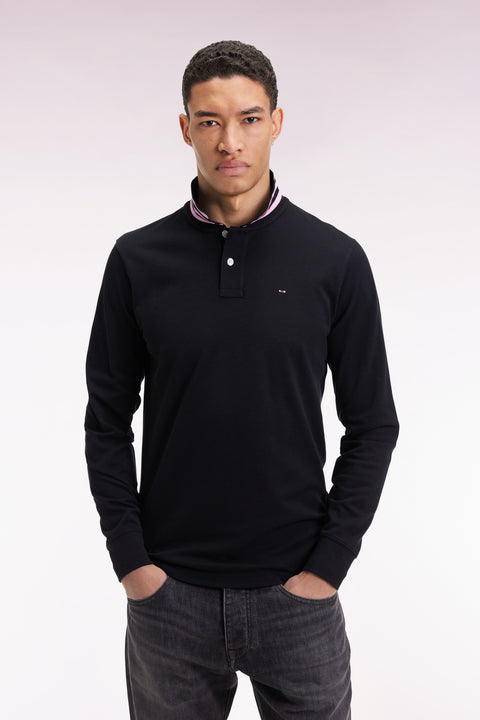 Long-sleeved polo shirt in black cotton piqué with striped collar. - Image 3