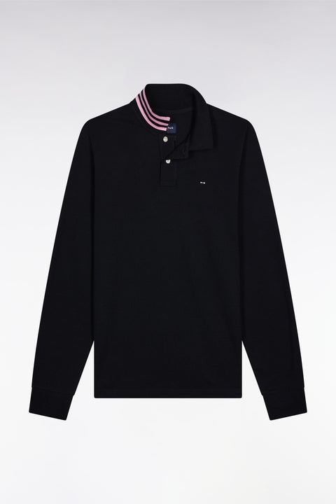 Long-sleeved polo shirt in black cotton piqué with striped collar. - Image 2