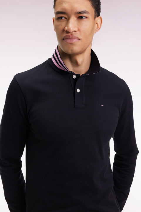Long-sleeved polo shirt in black cotton piqué with striped collar. - Image 1