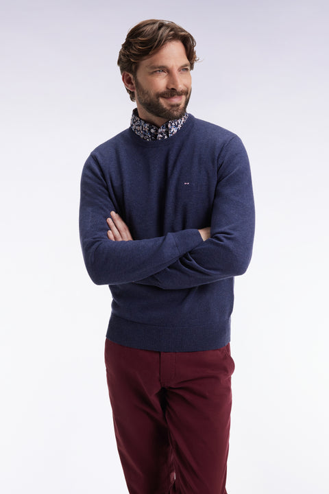 Dark blue wool and cotton round-neck sweater - Image 1