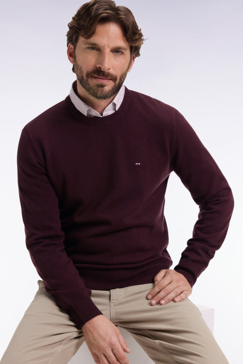 Round-neck sweater in burgundy wool and cotton - Image 1