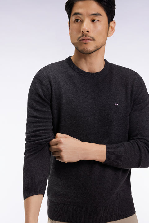 Dark grey wool and cotton round-neck sweater - Image 1