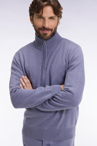 Grey-blue wool and cotton trucker-neck sweater