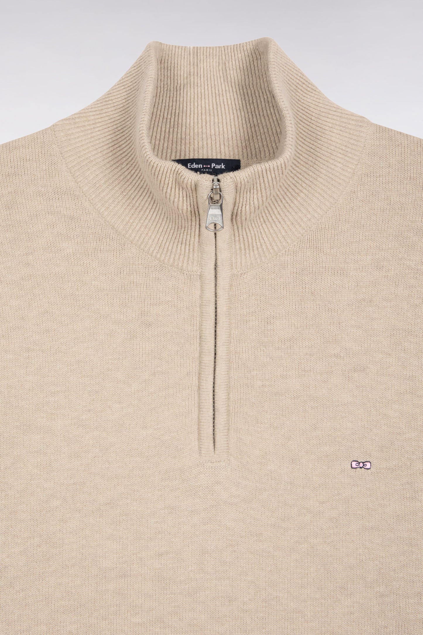 Beige wool and cotton trucker-neck sweater