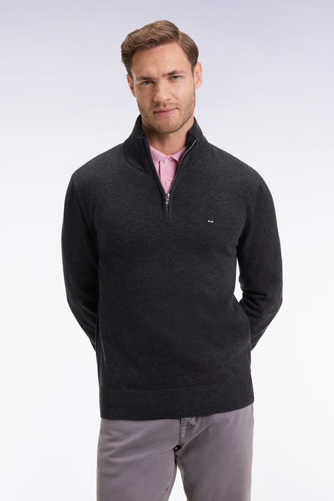 Dark grey wool and cotton trucker-neck sweater - Image 3