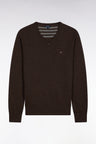 Dark brown wool and cotton V-neck sweater