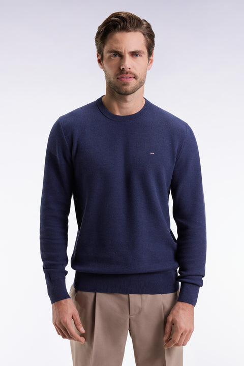 Round-neck sweater in navy cotton honeycomb - Image 3