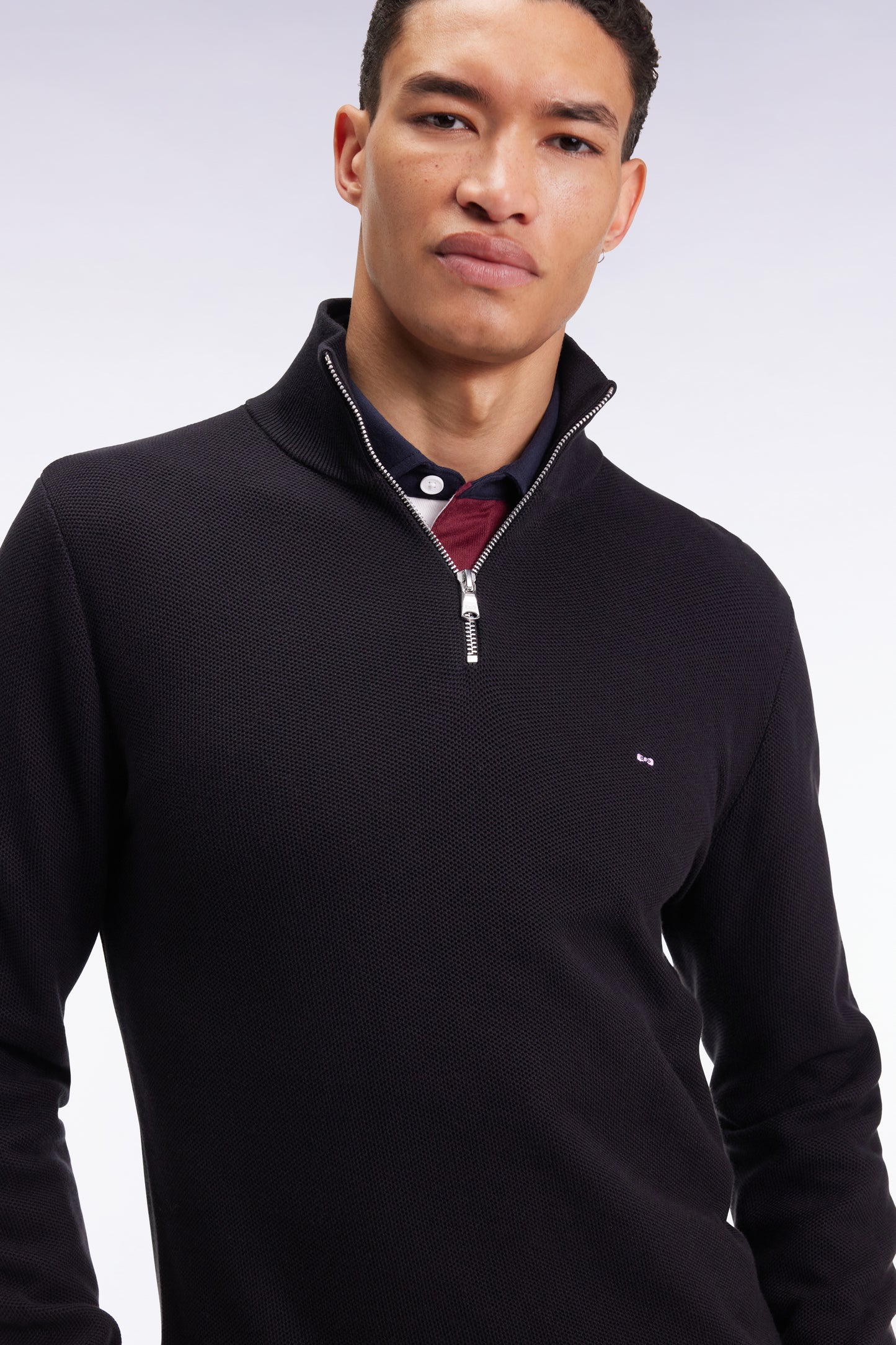 Pull col camionneur en coton nid d'abeille noir