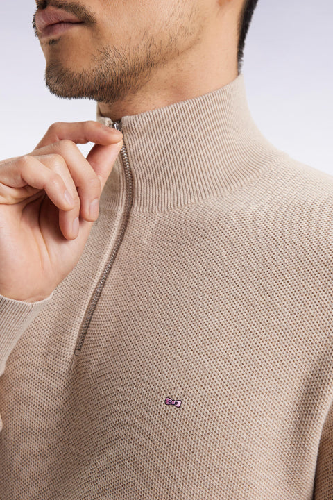 Beige cotton honeycomb trucker-neck sweater - Image 3