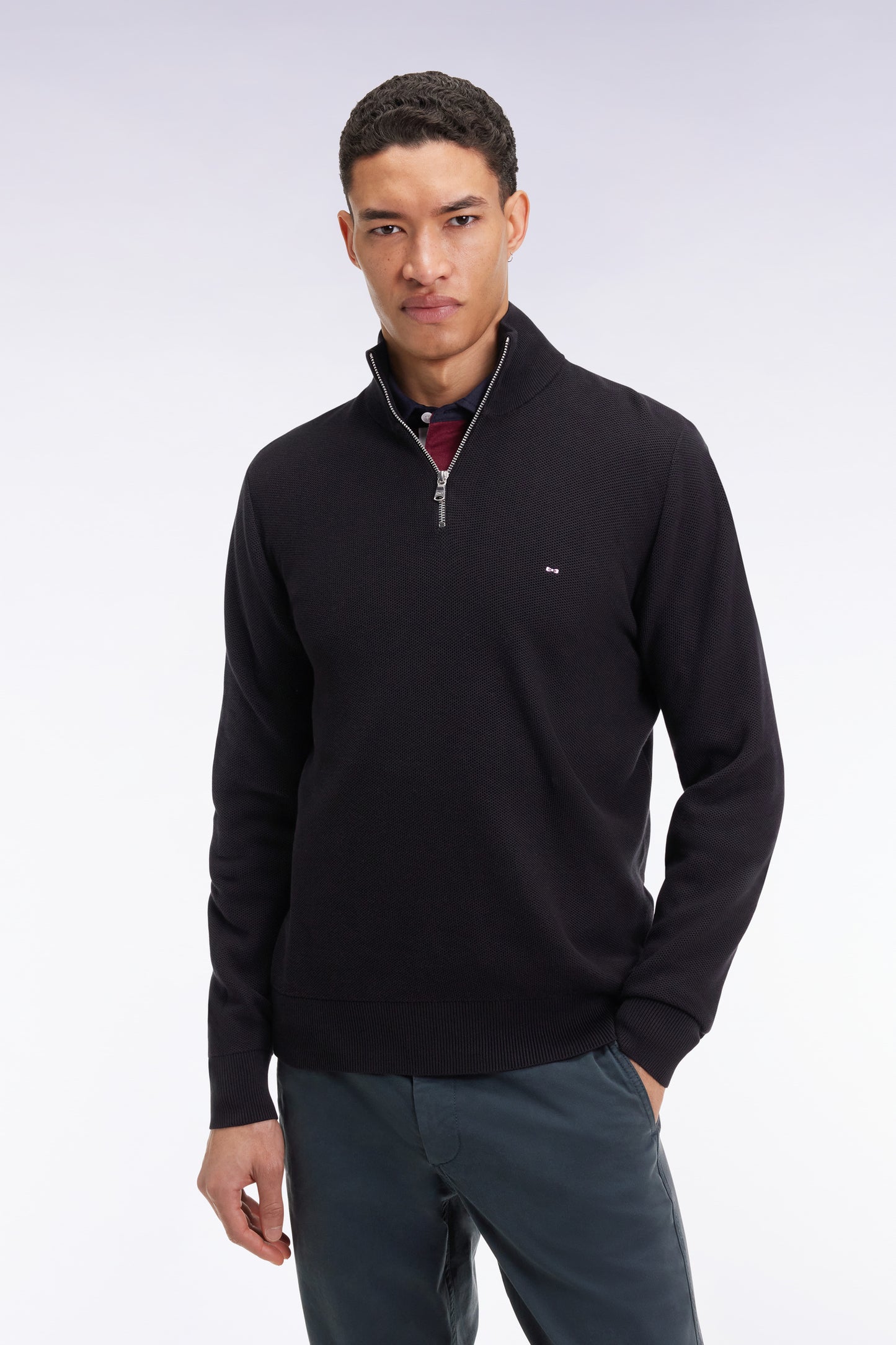 Pull col camionneur en coton nid d'abeille noir