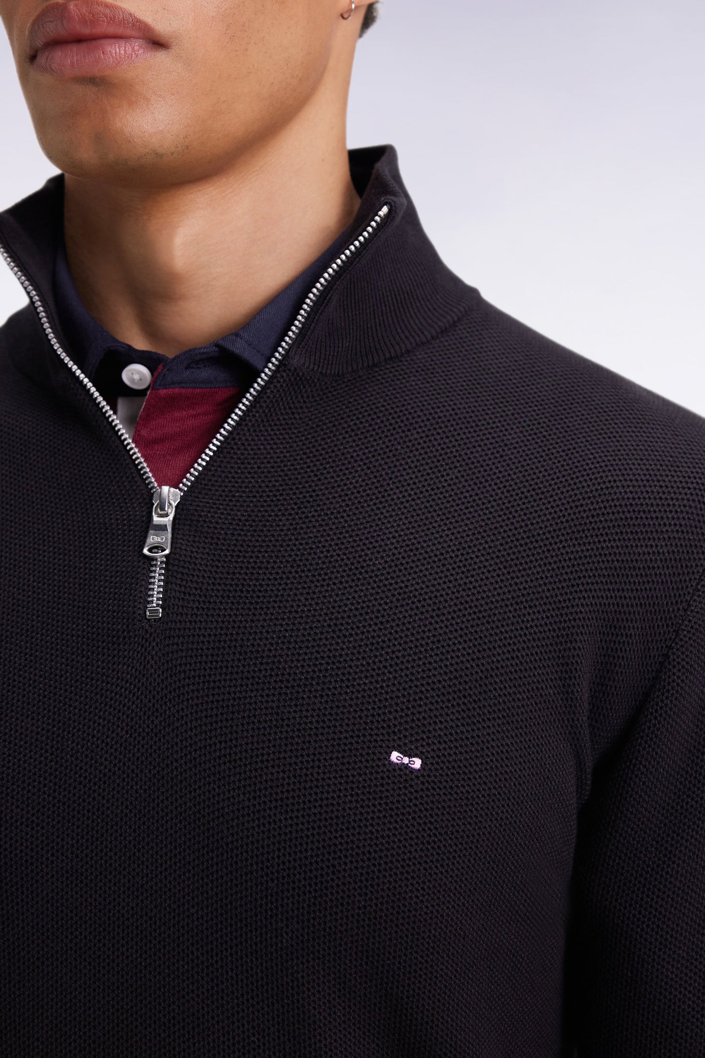 Pull col camionneur en coton nid d'abeille noir