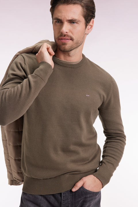 Round-neck sweater in thick khaki cotton - Image 1