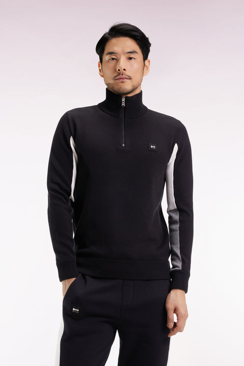 Truck-neck sweater in black cotton with three-tone contrasting sleeves - Image 3
