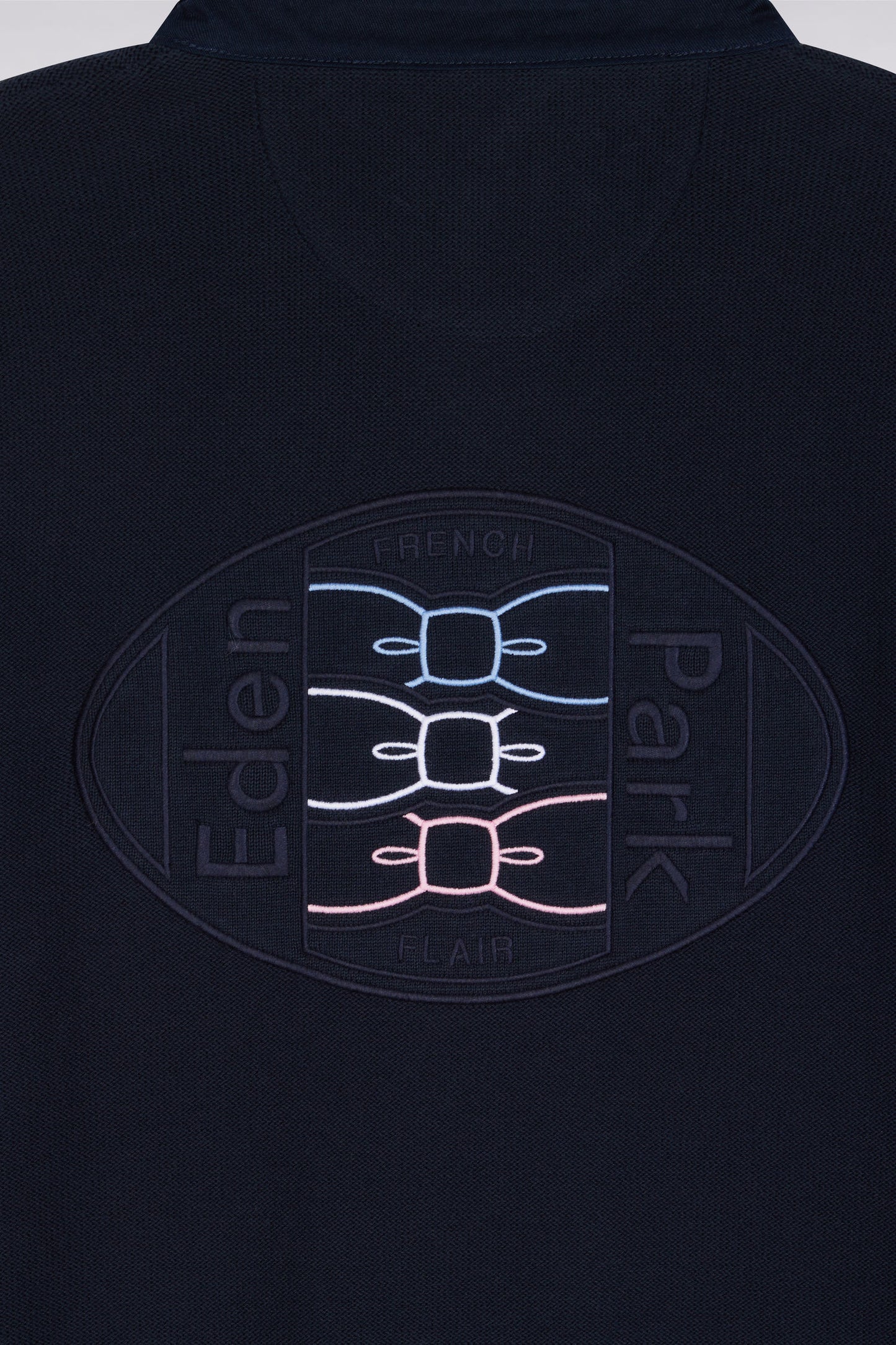 Navy cotton jersey-neck sweater with embroidered back