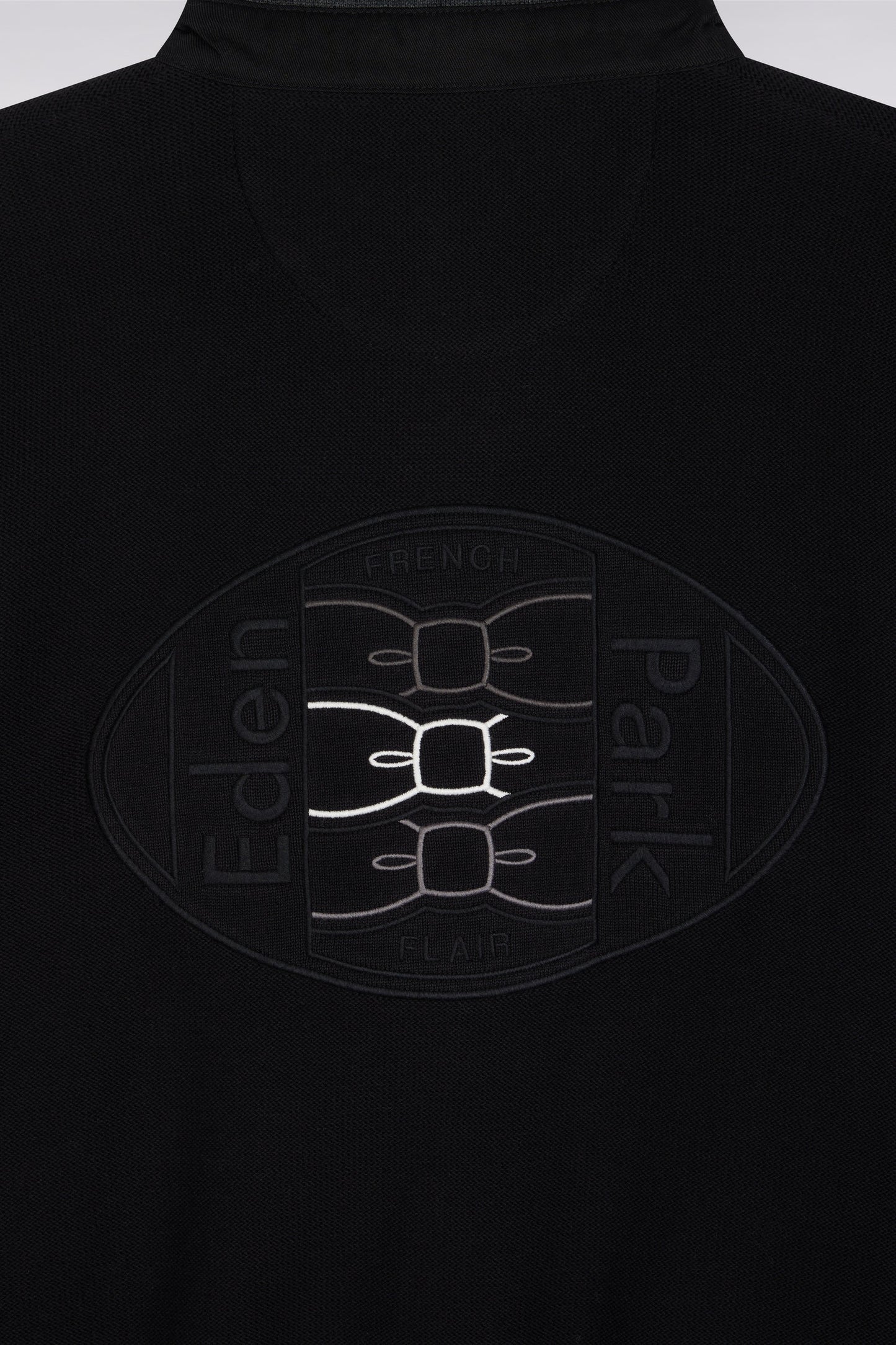 Black cotton jersey-neck sweater with embroidered back