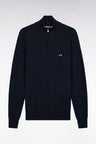 Navy cotton trucker-neck sweater with stripe effect