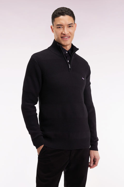 Black cotton trucker-neck sweater with stripe effect - Image 3