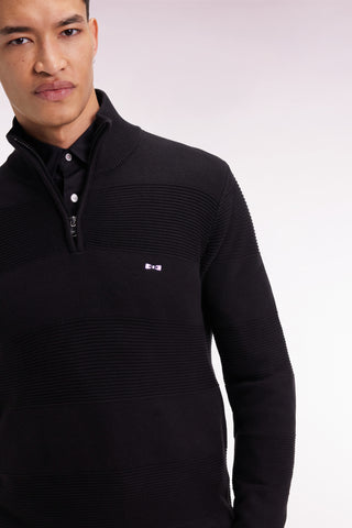 Black cotton trucker-neck sweater with stripe effect