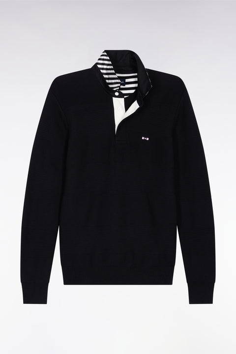 Navy cotton jersey-neck sweater with stripe effect - Image 2