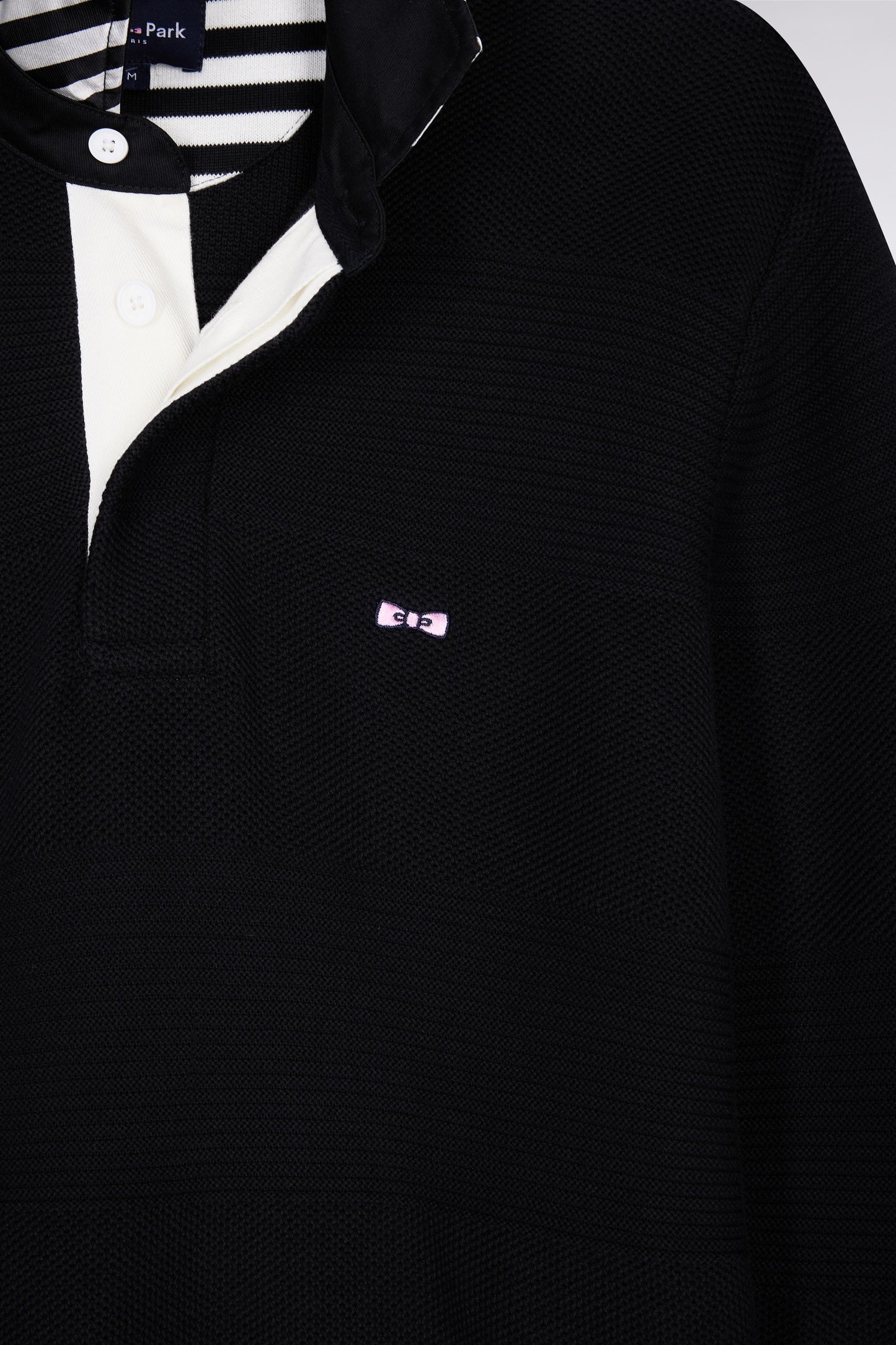 Black cotton jersey-neck sweater with stripe effect