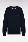 Navy cotton round-neck sweater with stripe effect