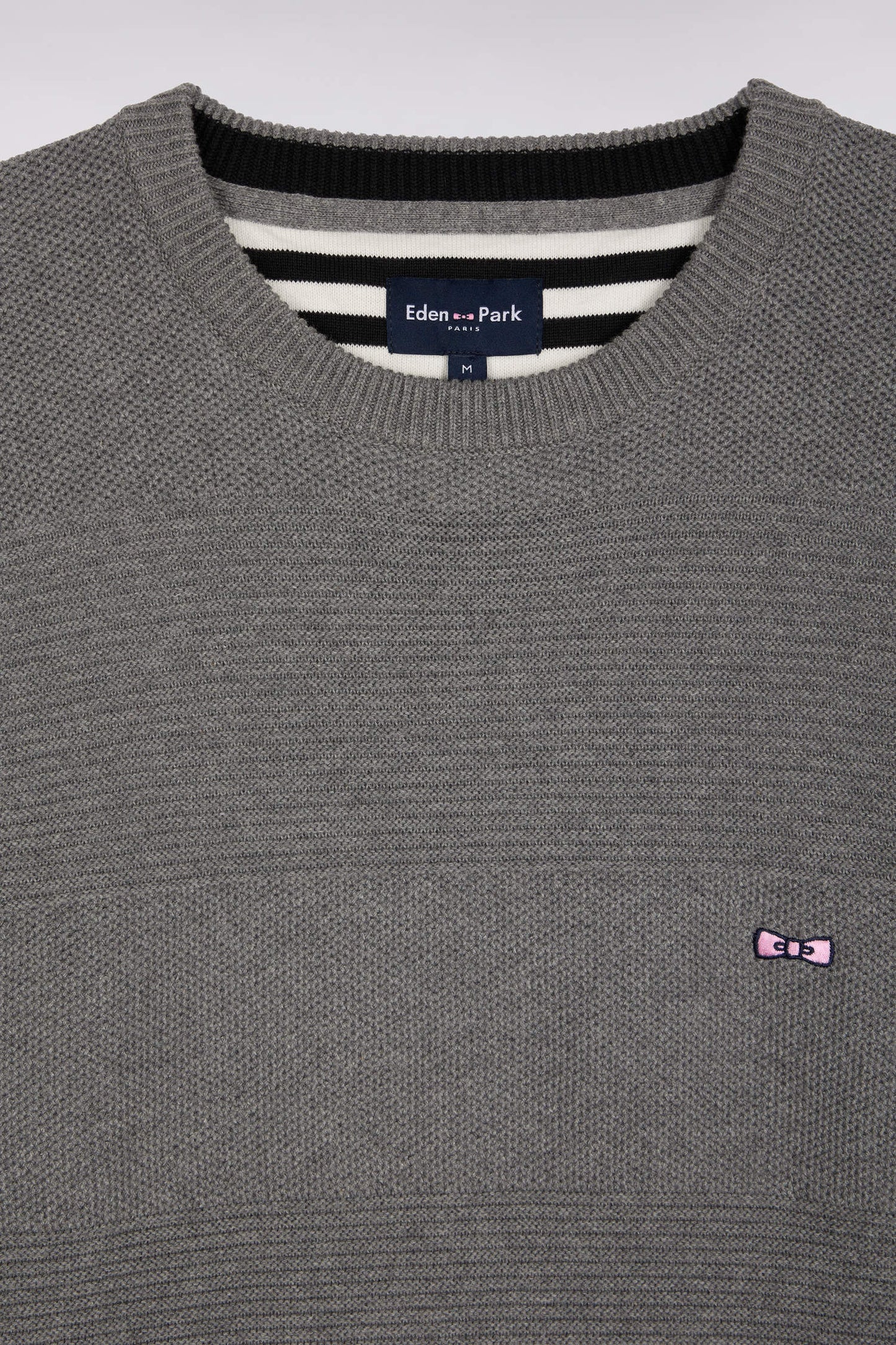 Grey cotton round-neck sweater with stripe effect