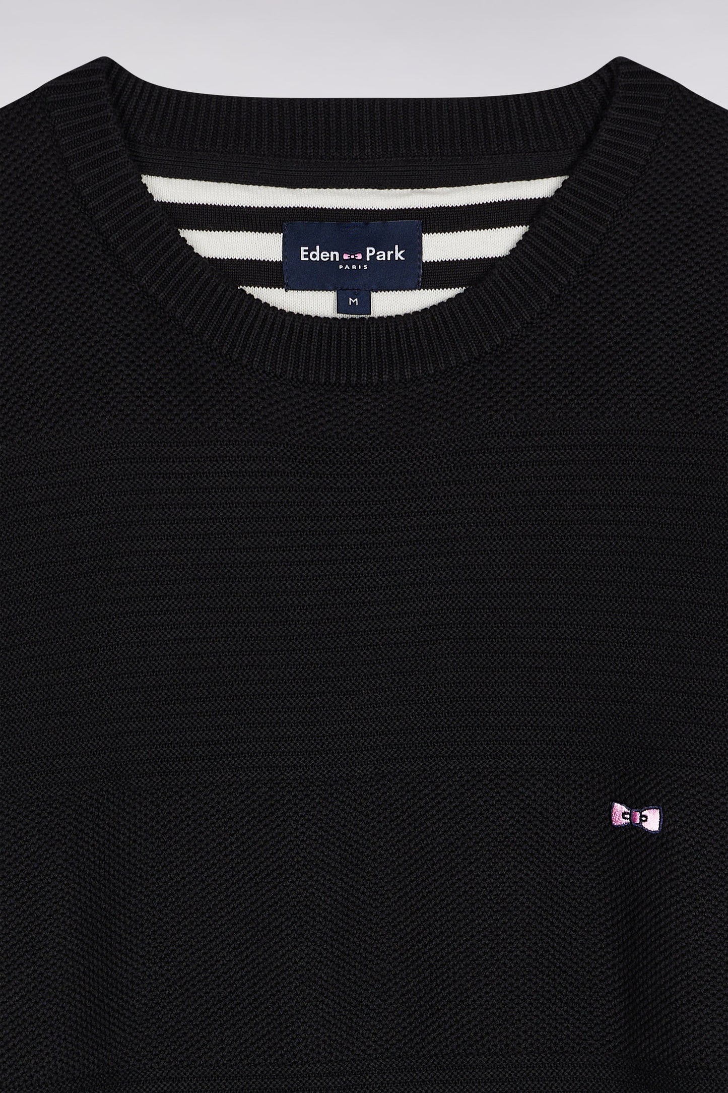 Black cotton round-neck sweater with stripe effect