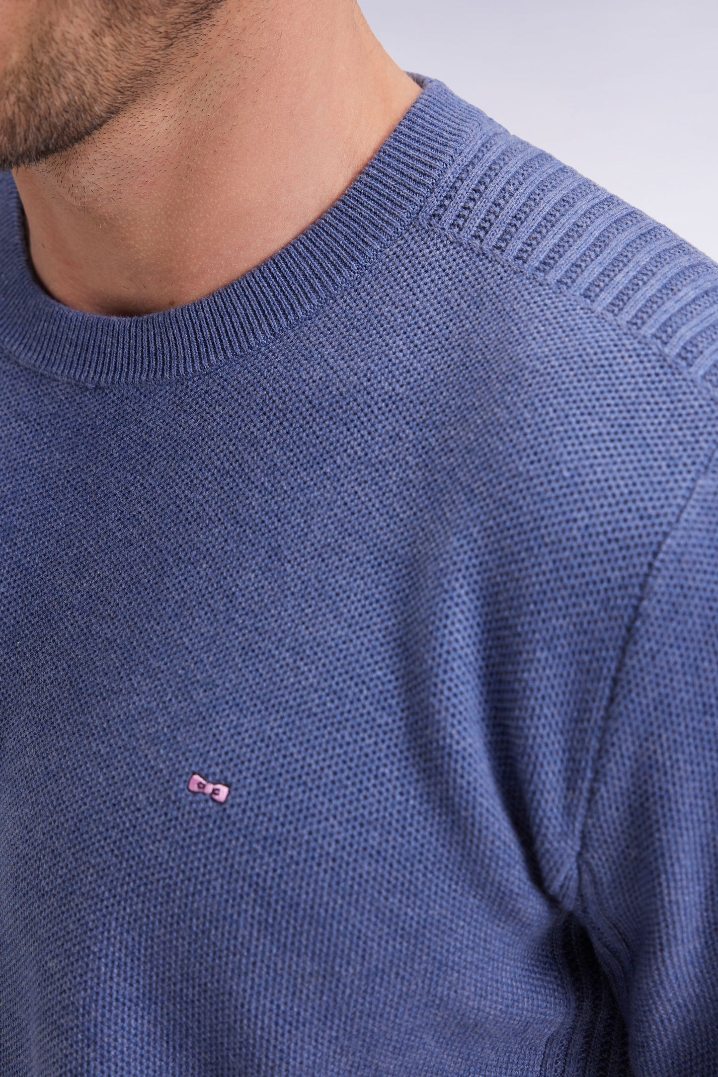 Blue cotton honeycomb round-neck sweater