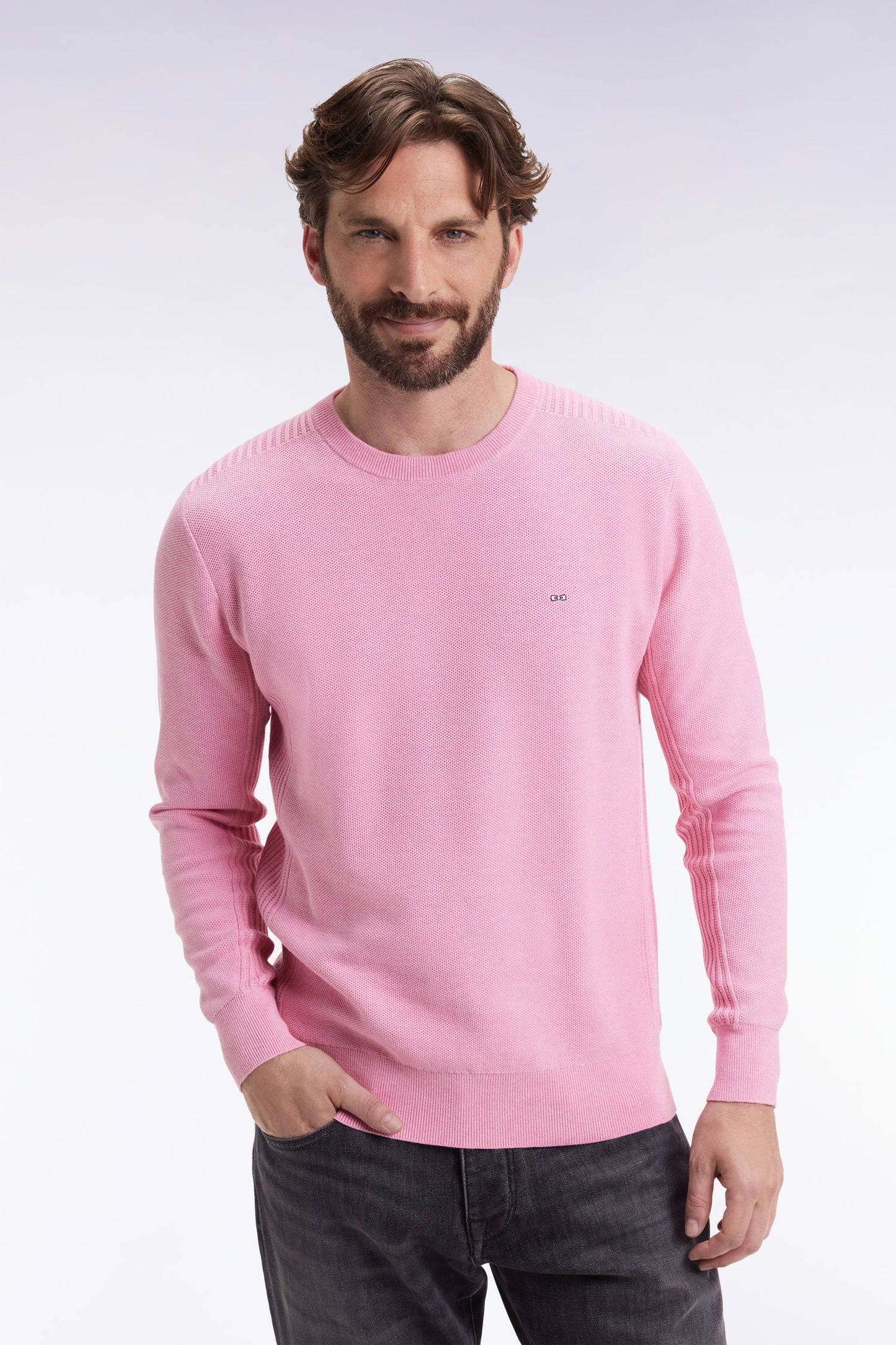 Pink cotton honeycomb round-neck sweater
