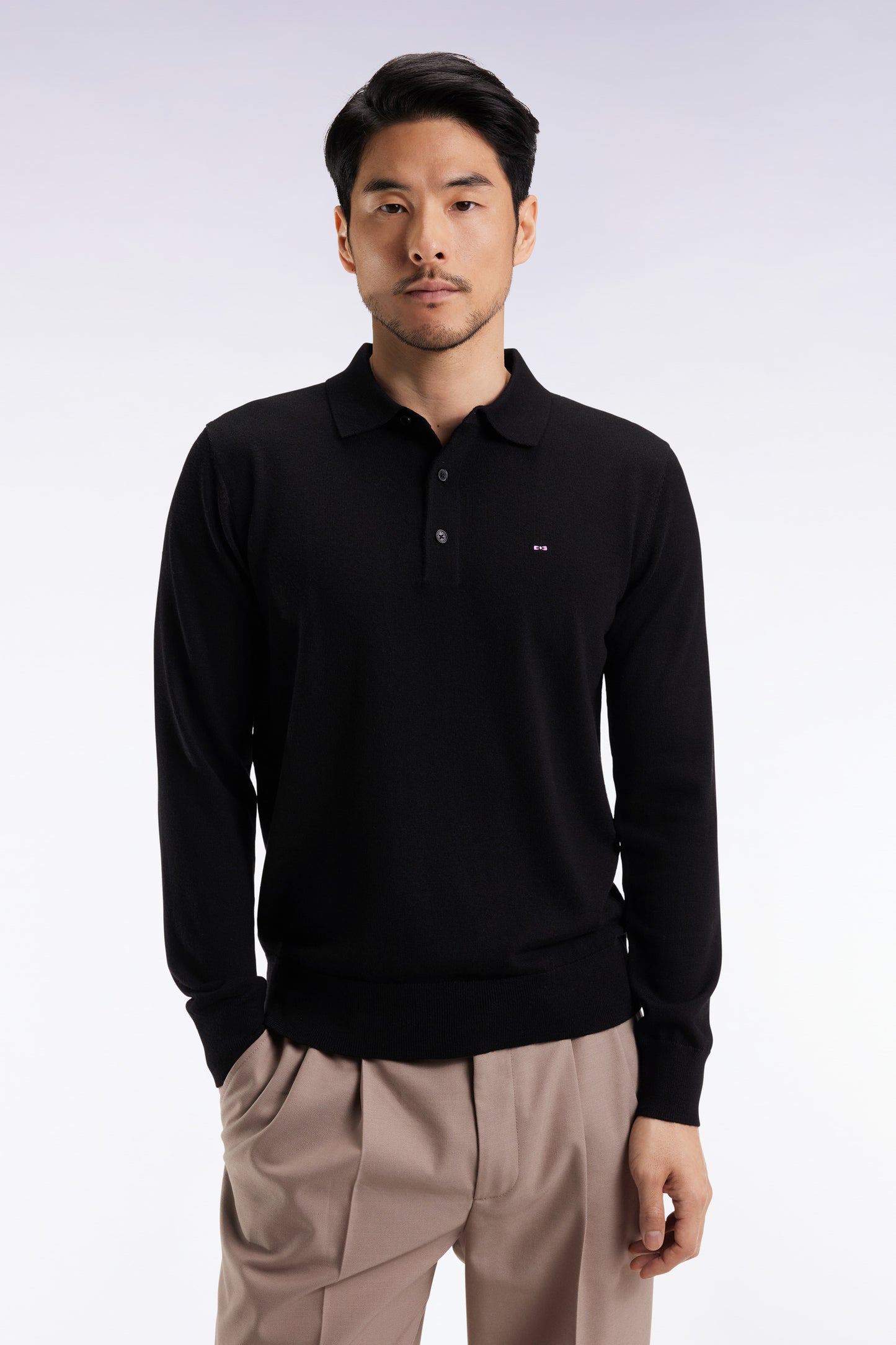 Black merino wool jersey-neck sweater