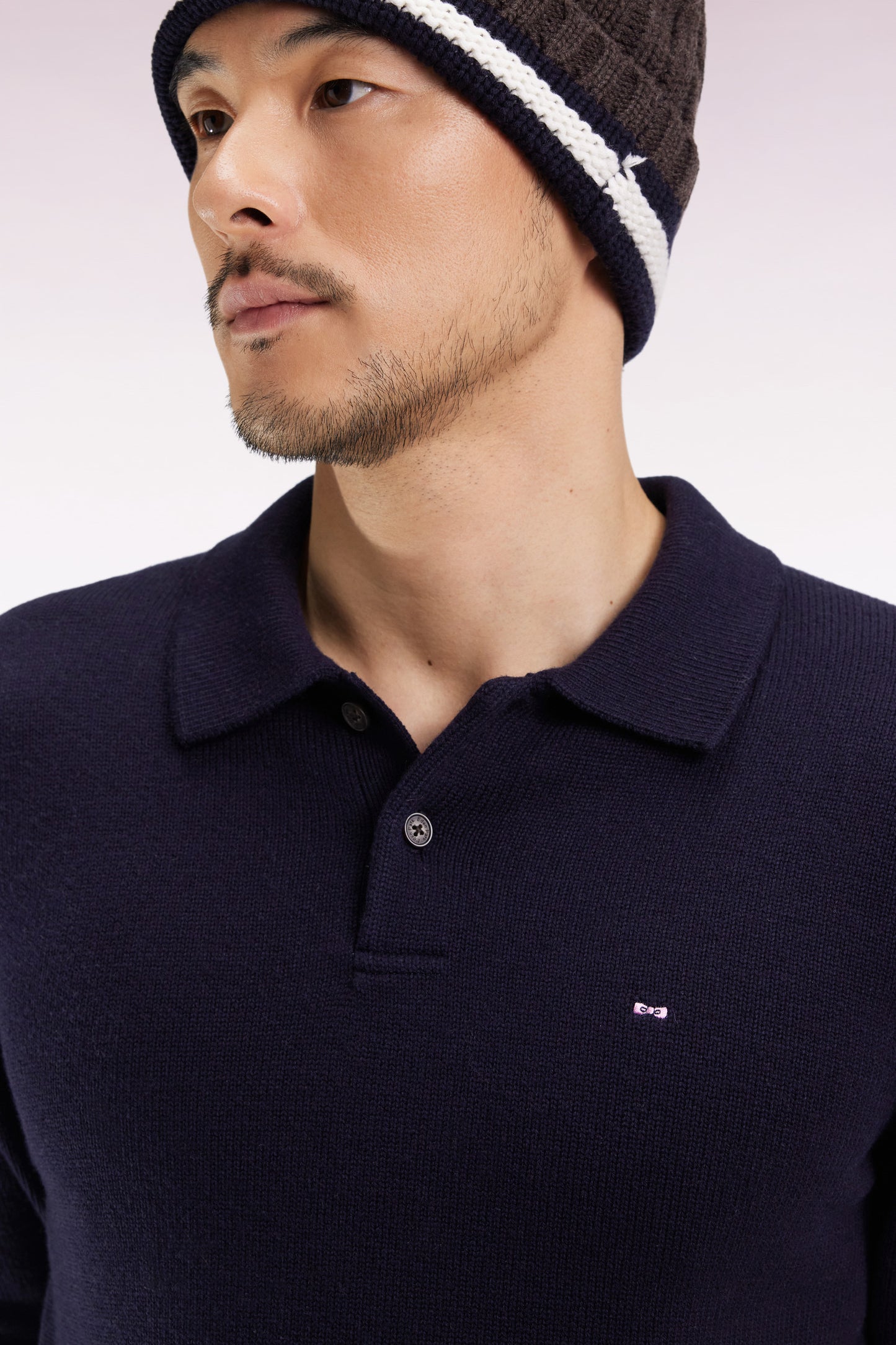Chunky shirt-neck sweater in navy wool and cotton