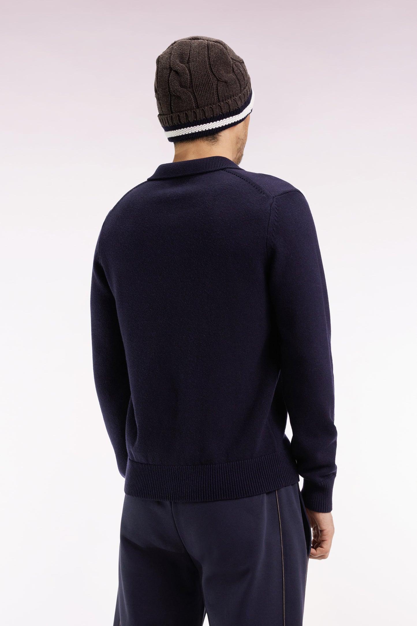 Chunky shirt-neck sweater in navy wool and cotton