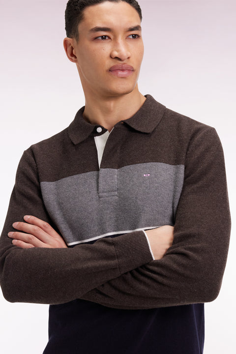 Pull col maillot en laine et coton marine marron et gris - Image 3