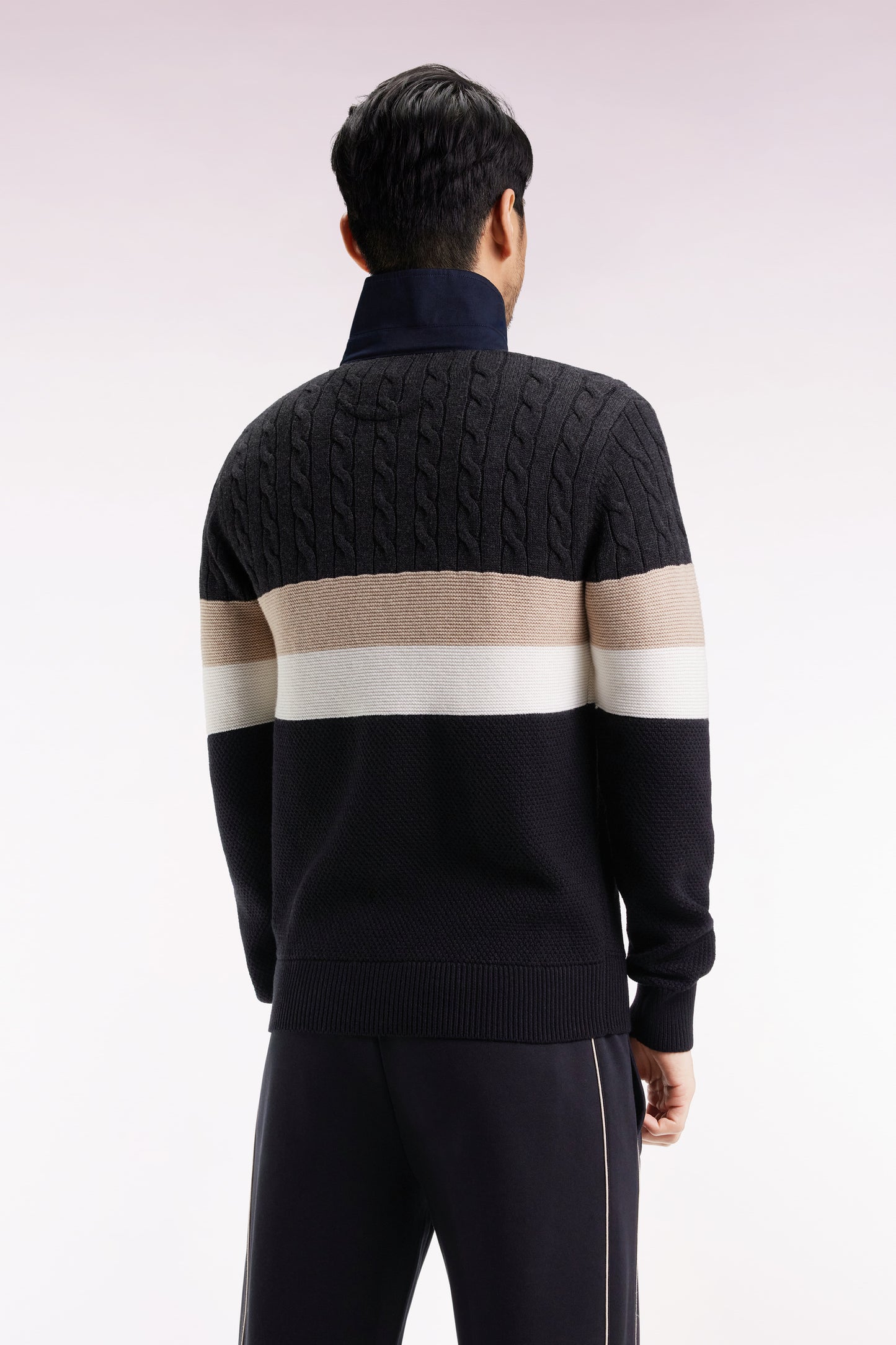 Pull col maillot en laine et coton torsadé noir et gris