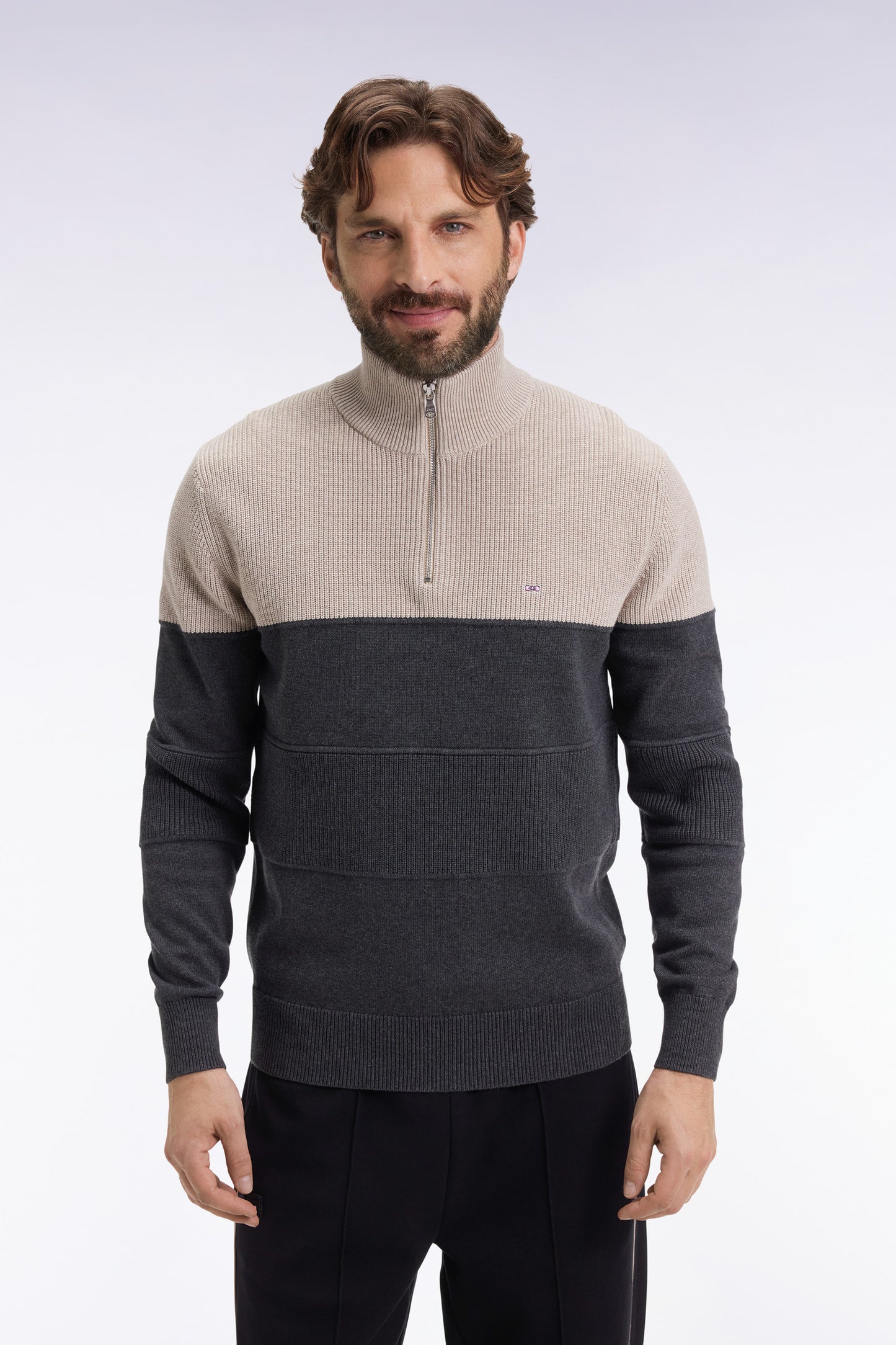 Pull col camionneur en coton gris à effet de rayure