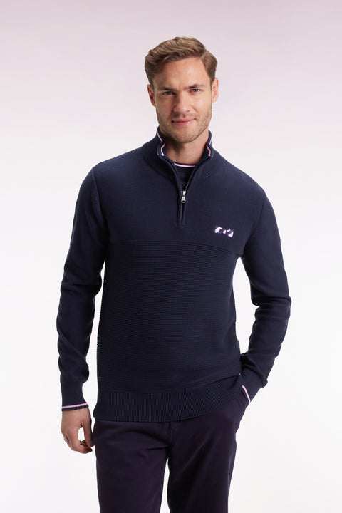 Pull col camionneur en coton marine à nœud papillon - Image 1