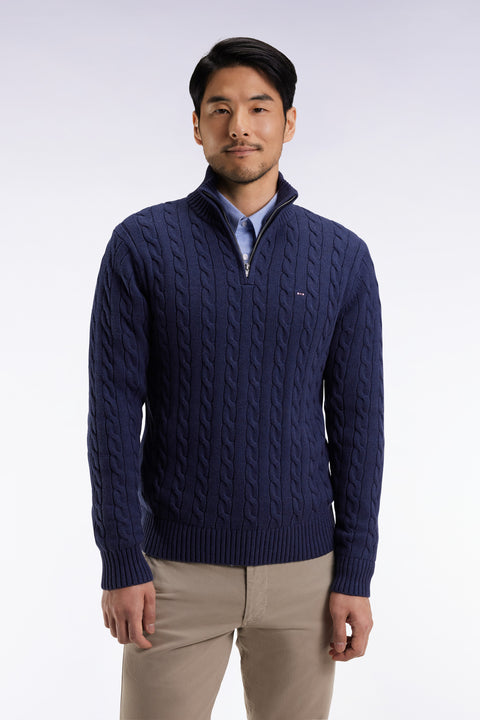 Truck-neck sweater in navy cotton twill - Image 1