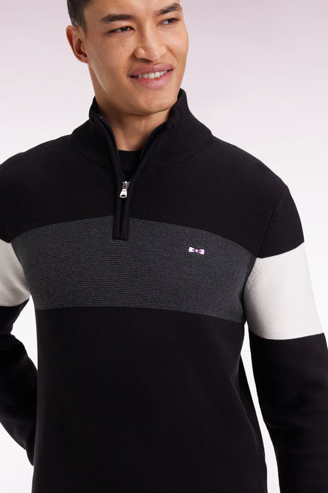 Black cotton trucker-neck sweater with back embroidery - Image 1