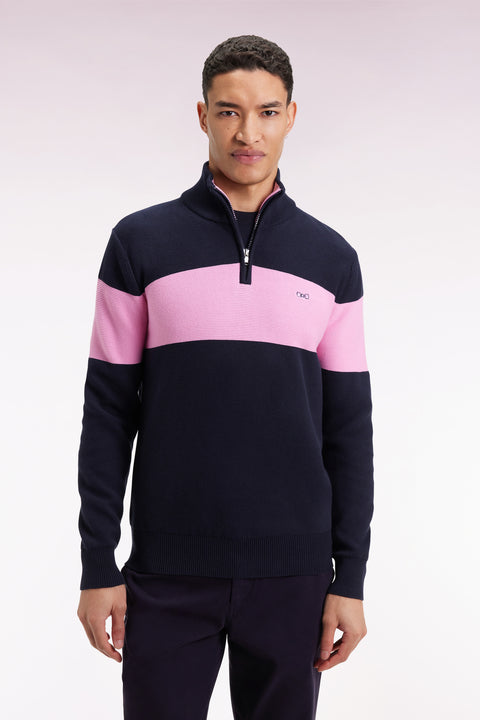 Navy cotton trucker-neck sweater with back embroidery - Image 3