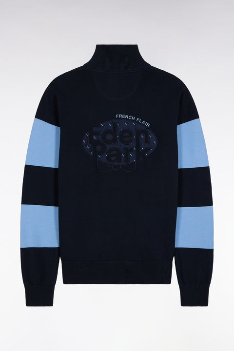 Navy cotton trucker-neck sweater with sky back embroidery - Image 2