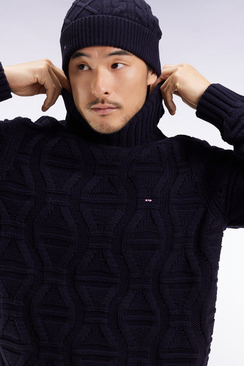 Chunky turtleneck sweater in navy wool and cotton - Image 3