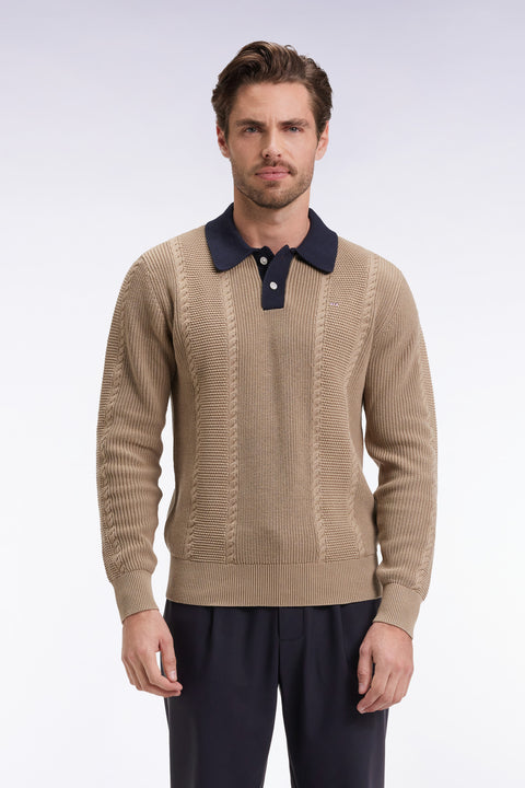 Blue polo-neck sweater in beige cotton - Image 1