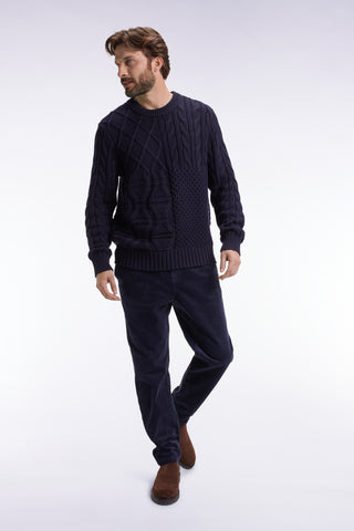 Round-neck sweater in navy wool and cotton twill