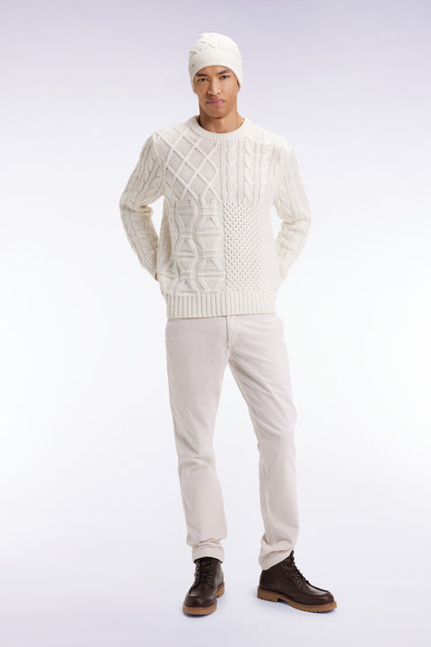 Round-neck wool and cotton cable sweater, white - Image 3