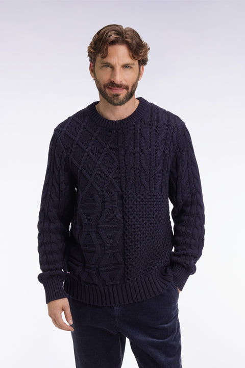 Round-neck sweater in navy wool and cotton twill - Image 1