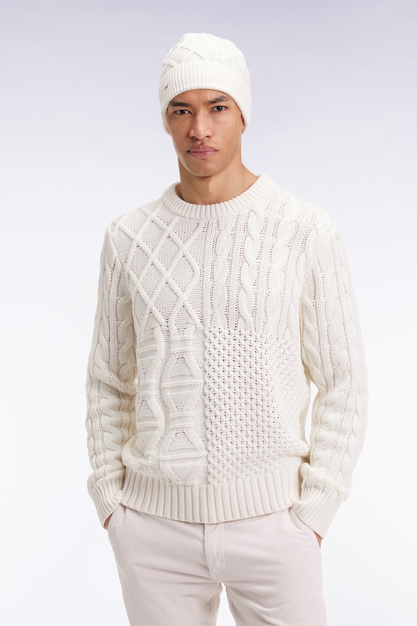 Pull col rond en laine et coton torsadé blanc